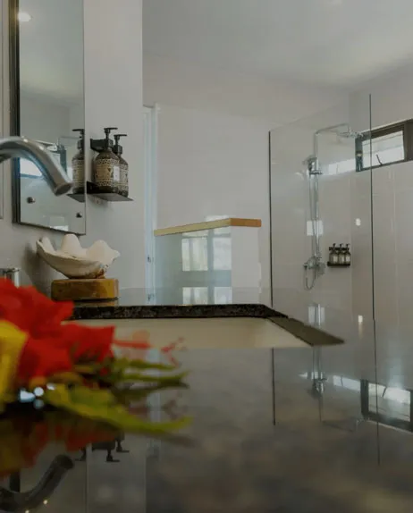Modern bathroom with a dark vanity, large mirror, shell decor, and a glass shower at Uprising Beach Resort.