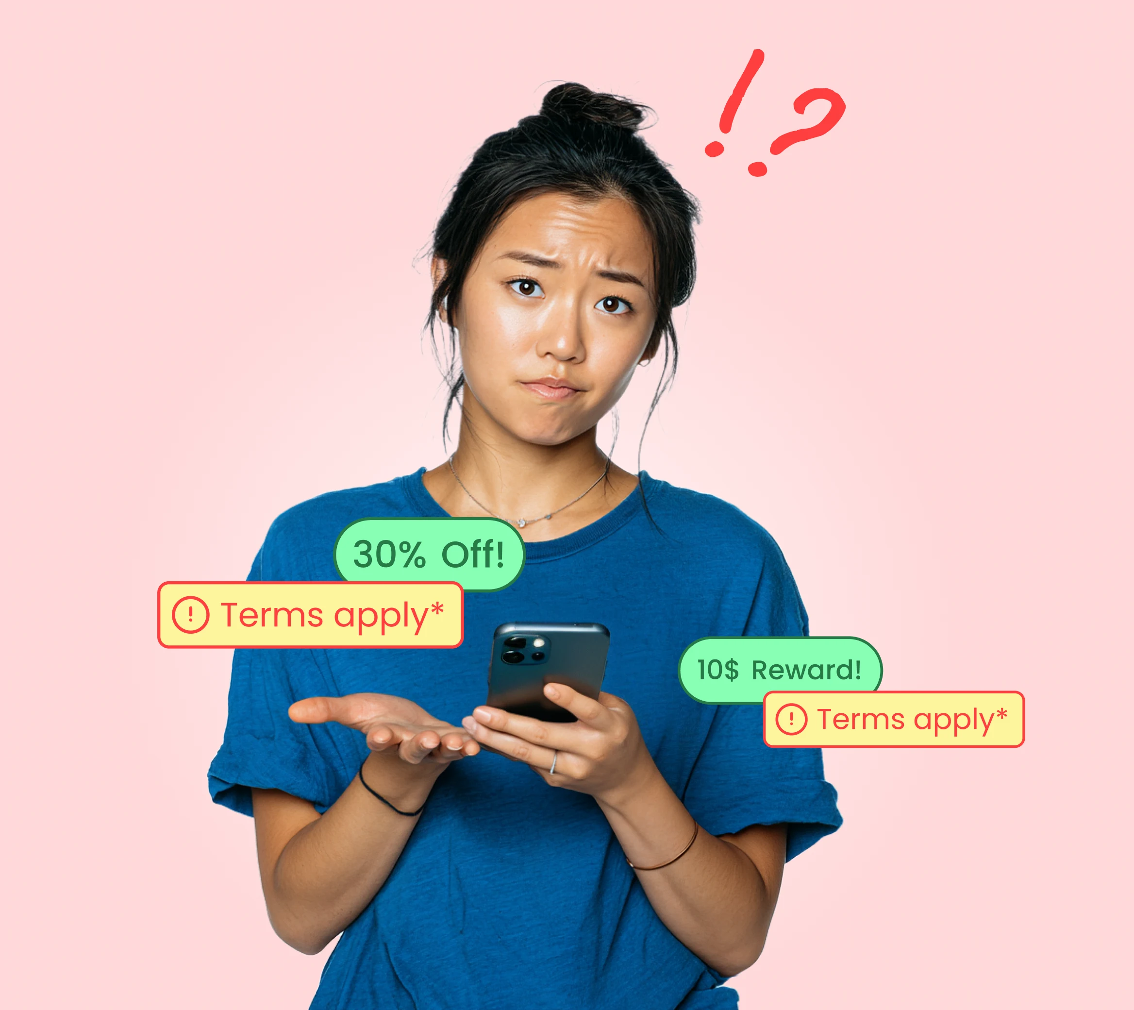 A woman looks confused while reading her phone as unclear reward messages like “10$ Reward!” and “Terms apply*” appear around her.