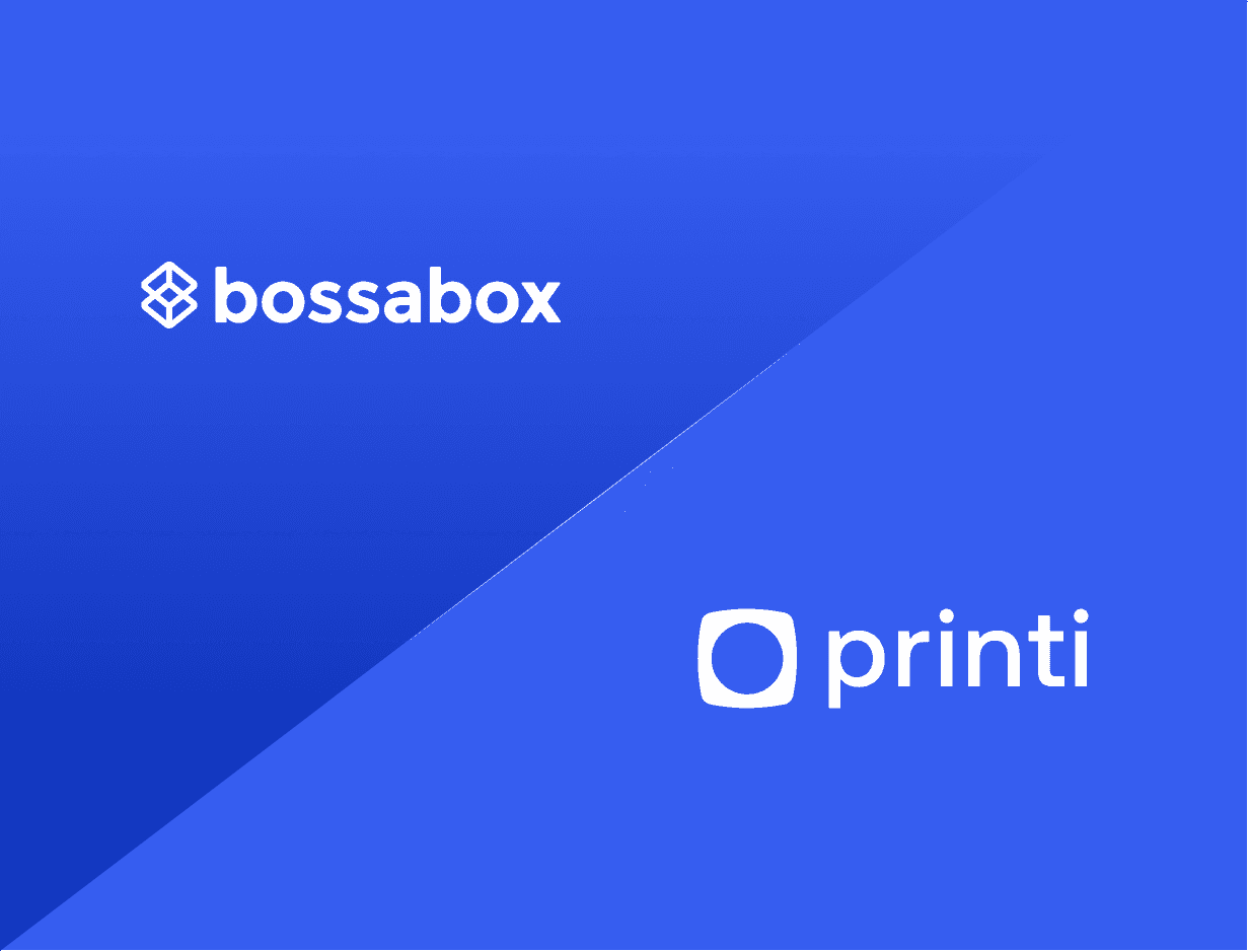 Imagem com logotipos das empresas BossaBox e Printi em fundo azul, representando colaboração entre as marcas.