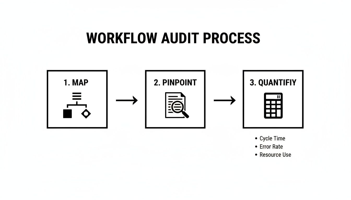 Three-step workflow audit process showing how to map, pinpoint, and quantify operational metrics like cycle time and error rate.