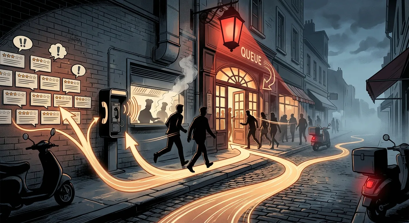 Street scene with glowing pathways leading people to a queue, illustrating RockN' Socials Digital Marketing Agency tactics.