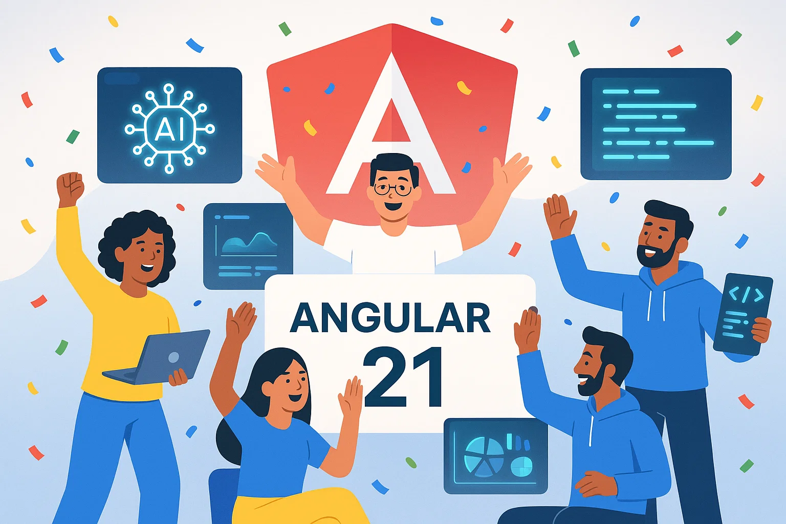 Developers celebrating Angular 21 release with AI dashboards and performance charts in Google-style vector art.