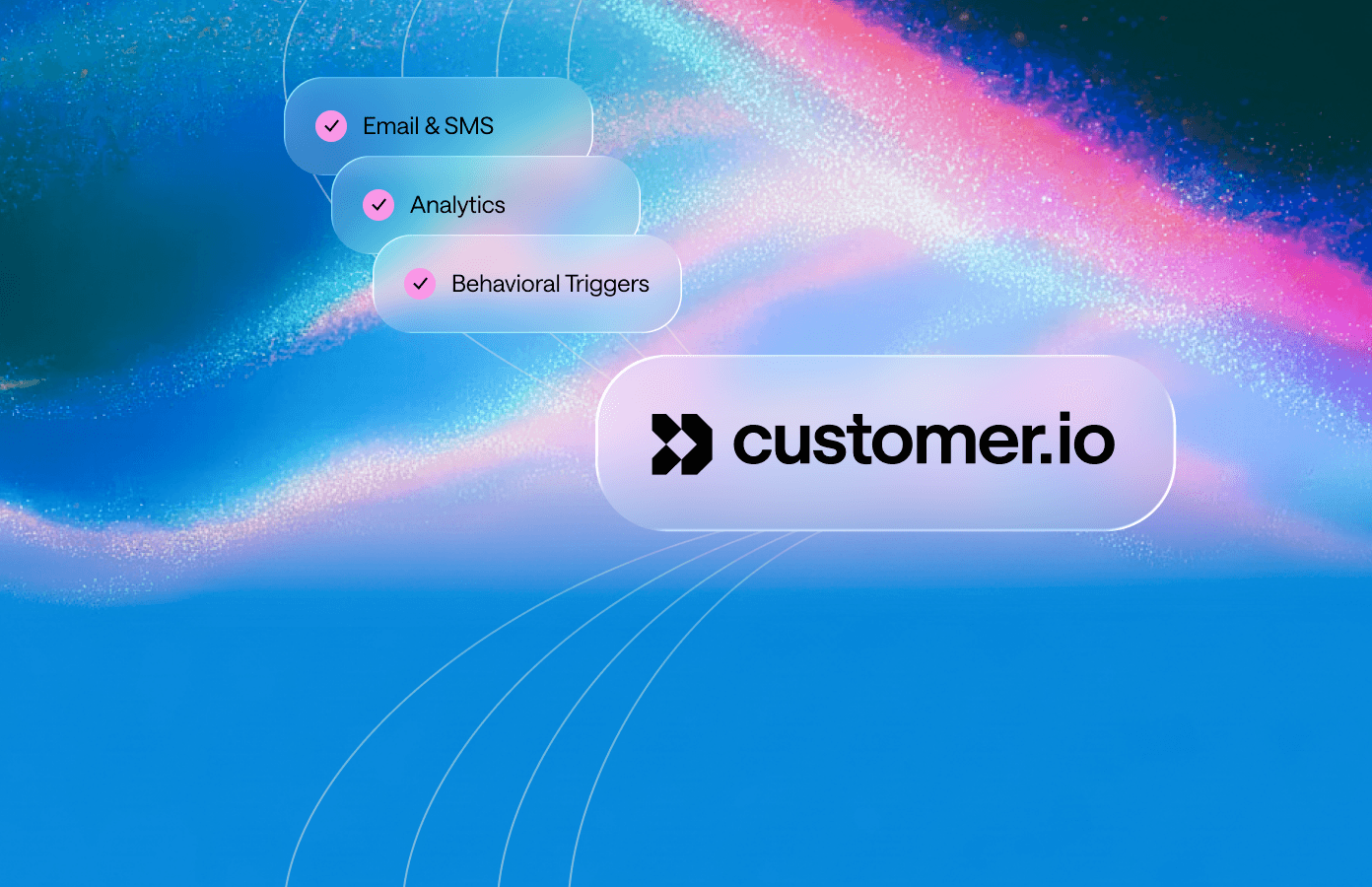Abstract hero image showing a dynamic wave of orange and blue particles on a gradient background.