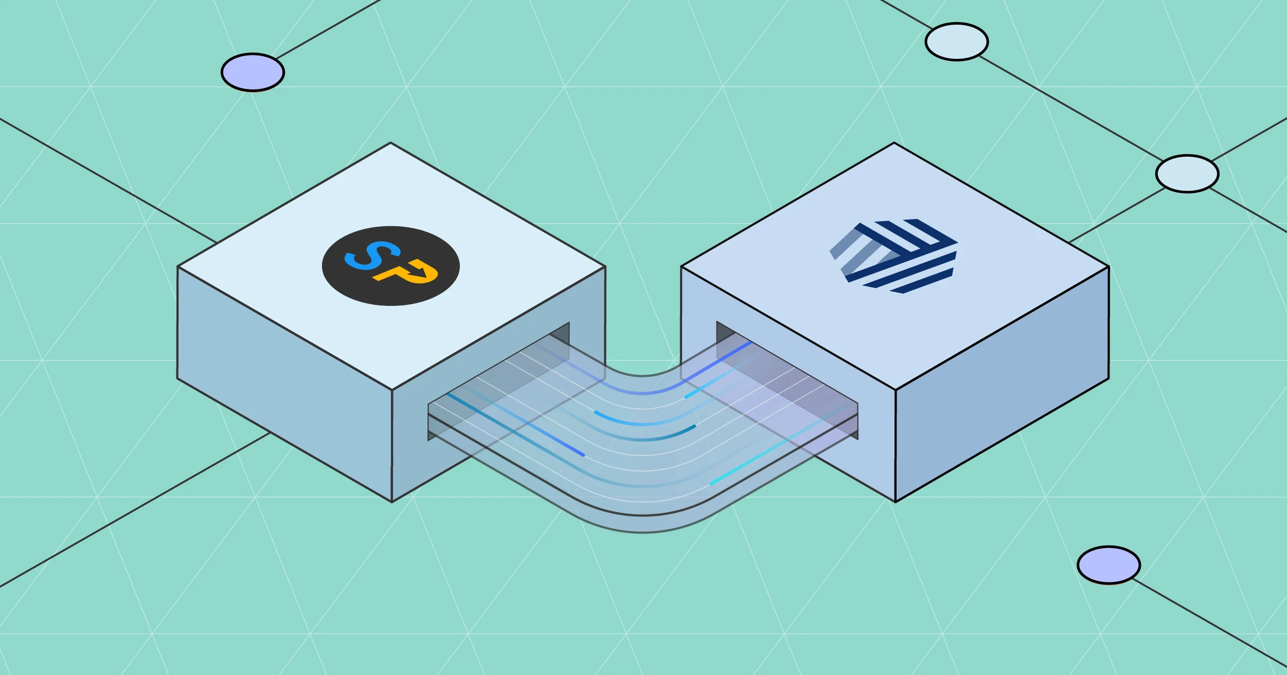 Isometric illustration of the Surpass and Cin7 logos connected by a data flow channel, representing managed EDI integration between the two platforms.