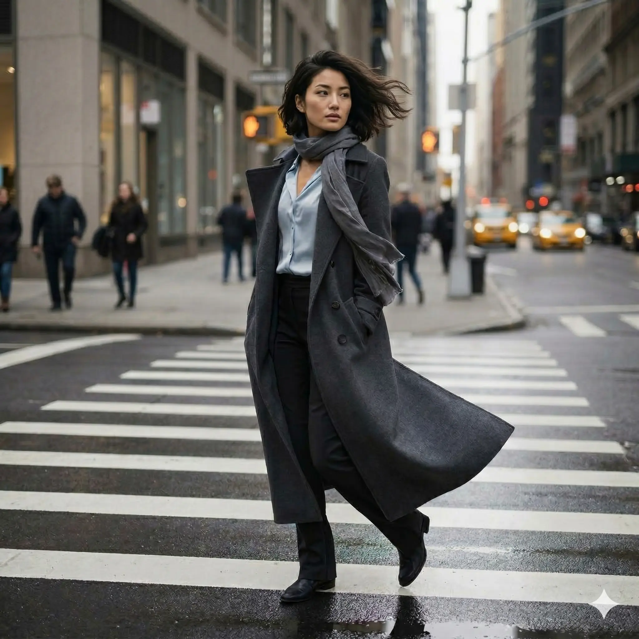 AI-generated street style image of a woman in a long grey coat and scarf walking confidently across a city crosswalk with traffic in the background. Generated for the AI fashion portfolio of Mahendra R.