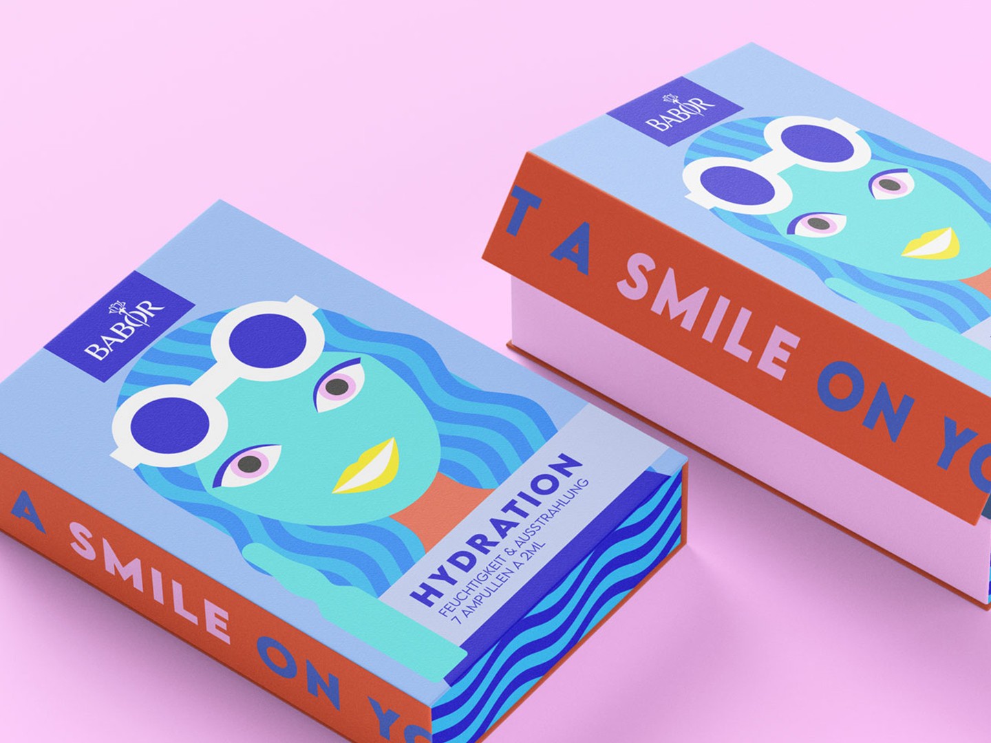 Two colorful boxes are shown, featuring playful designs with the words "Smile" on a pink background.