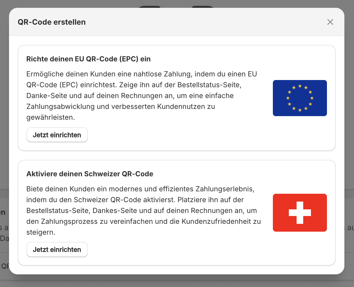 Auswahl von QR-Code: EU (EPC) oder Schweiz