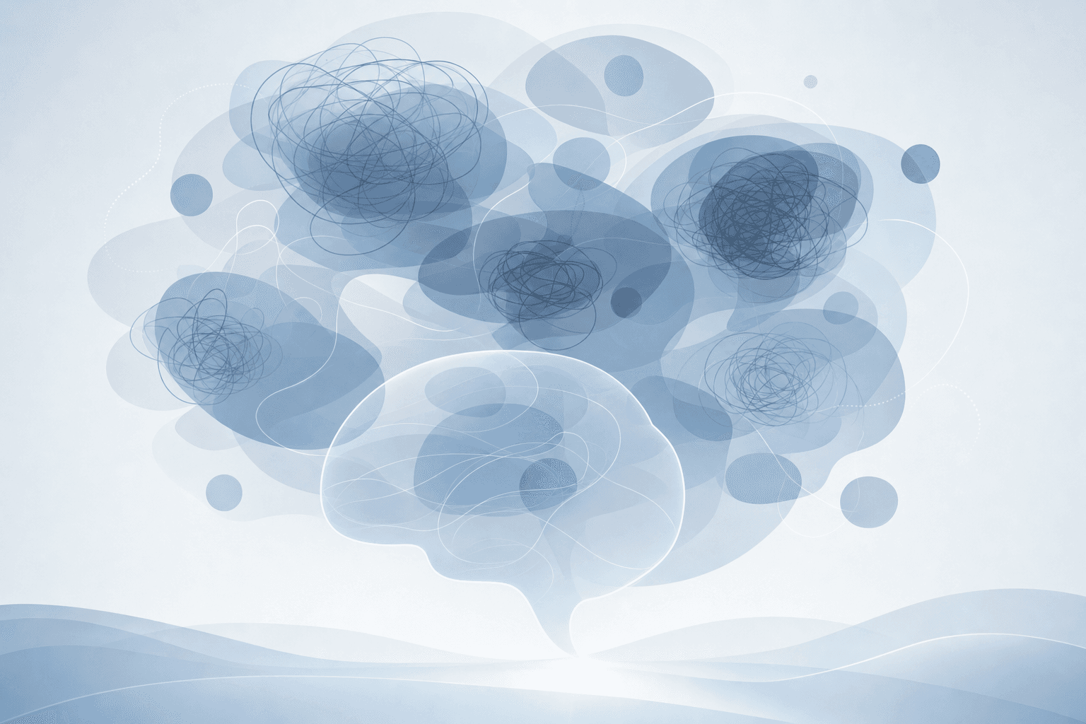A calm, clinical illustration showing abstract representations of intrusive thoughts and mental patterns. Soft, overlapping translucent shapes in muted blues and grays floating in a peaceful mind space, representing the invisible nature of obsessive thoughts. Clean, modern, professional medical illustration style with a compassionate, non-threatening feel. No faces, no text.