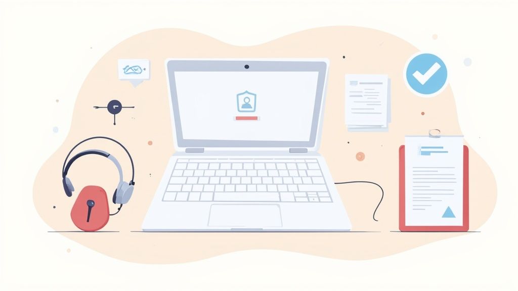 Illustration of a secure employee onboarding process featuring a laptop, headphones, documents, and a checkmark.