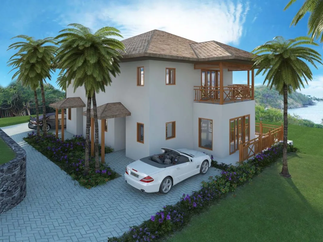 3D rendering of two-story Caribbean villa with wood veranda and ocean views in Fiji Beach Grenadines by Atelier International LLC
