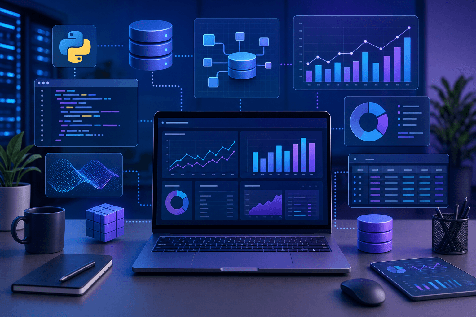 A modern, clean workspace scene showing data analysis tools and concepts: a laptop screen displaying colorful data visualizations with charts and graphs, database icons, Python code symbols, SQL query elements, and dashboard interfaces. The composition should be professional and tech-focused with a blue and purple color scheme, representing the digital nature of data analytics work. Include visual elements like bar charts, line graphs, pie charts, and data tables floating around the workspace in a organized, harmonious way.