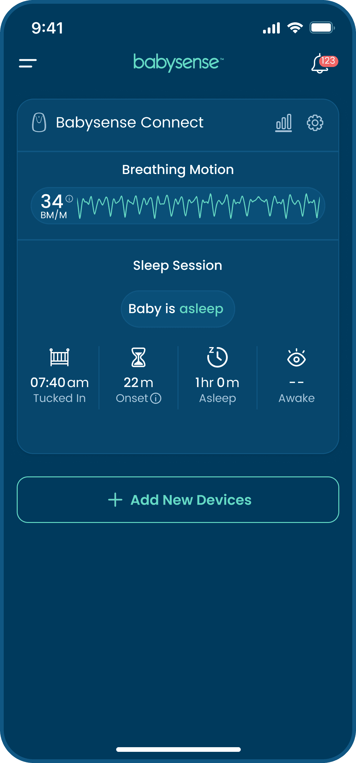 home screen of babysense mobile app with baby breathing motion and sleep monitor paired