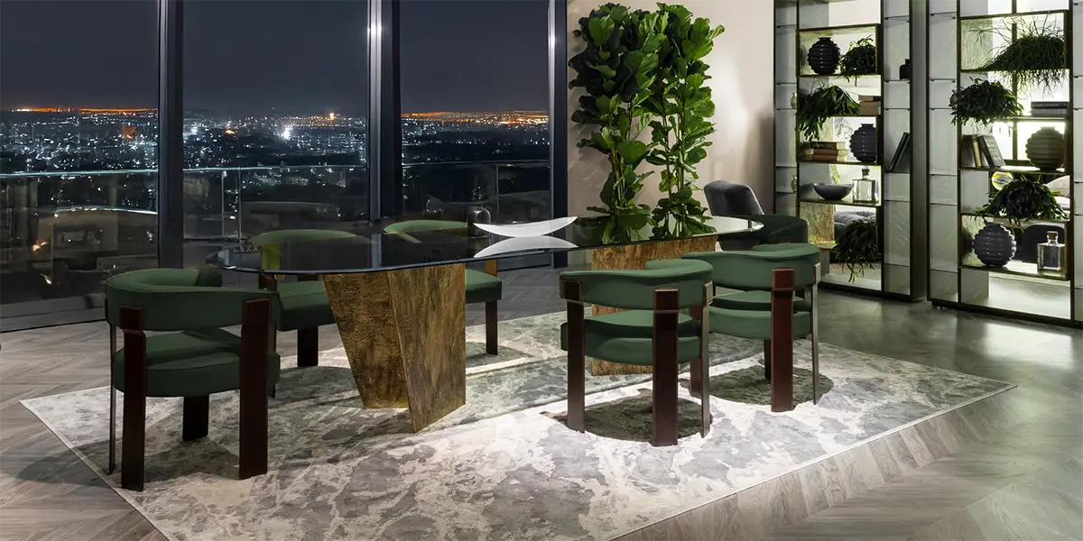 A luxury contemporary dining table in a showroom.