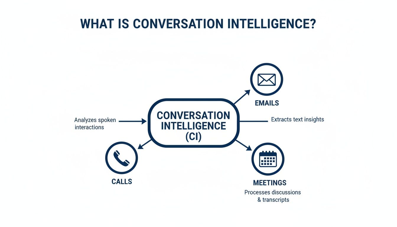 Diagram illustrating how Conversation Intelligence (CI) processes calls, emails, and meetings for insights.