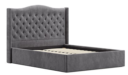 Close-up 3D render of upholstered bed frame showing interior storage space and fabric finish