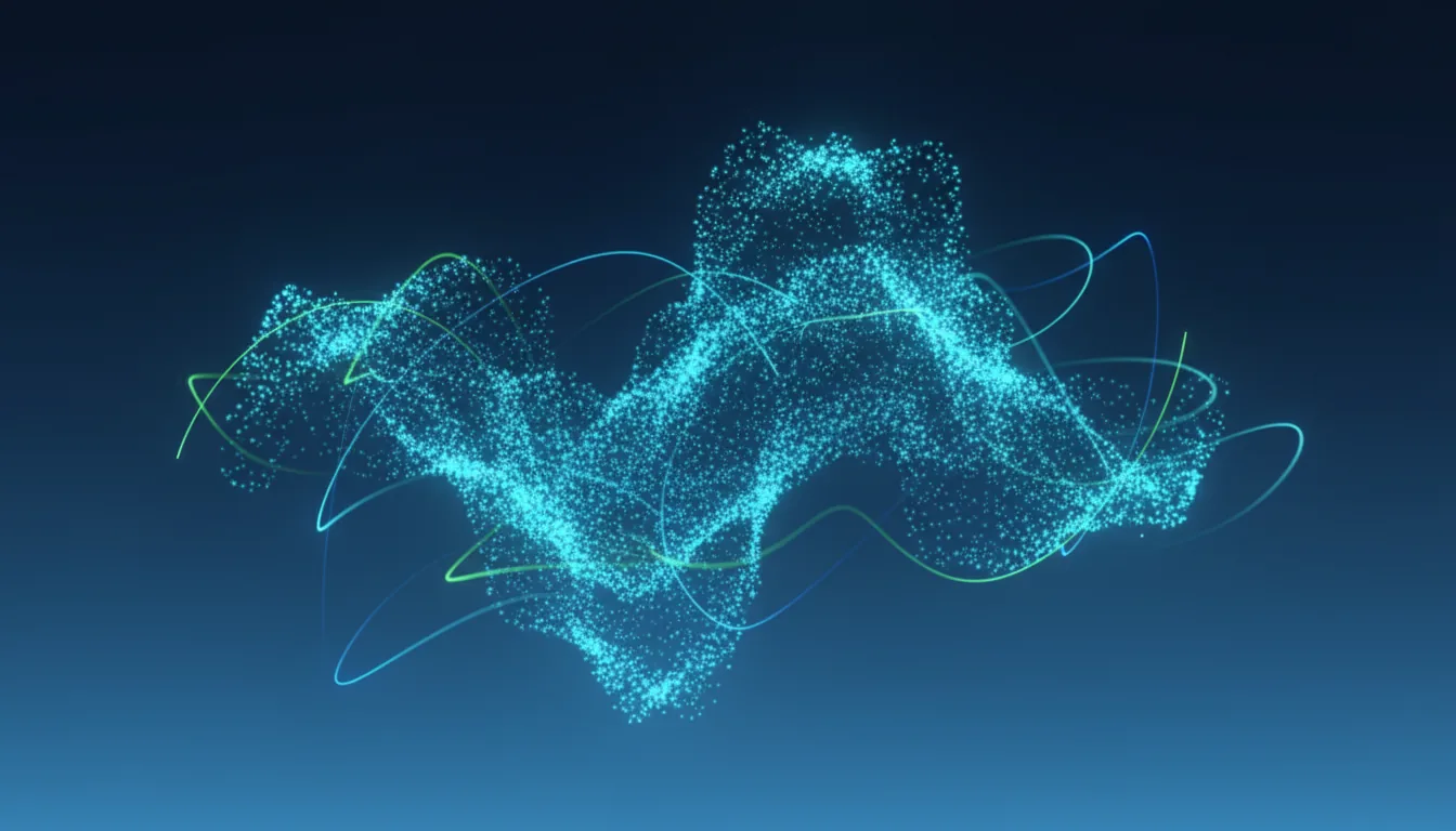 3D render, abstract data visualization, a swirling cloud of thousands of glowing cyan particles forming an organic shape, representing motion graphics from Adobe After Effects. Thin, elegant light trails of blue and green energy streak across the composition. The scene is set against a deep blue gradient background, with soft global illumination, emissive lighting, and a prominent bloom effect, shallow depth of field.
