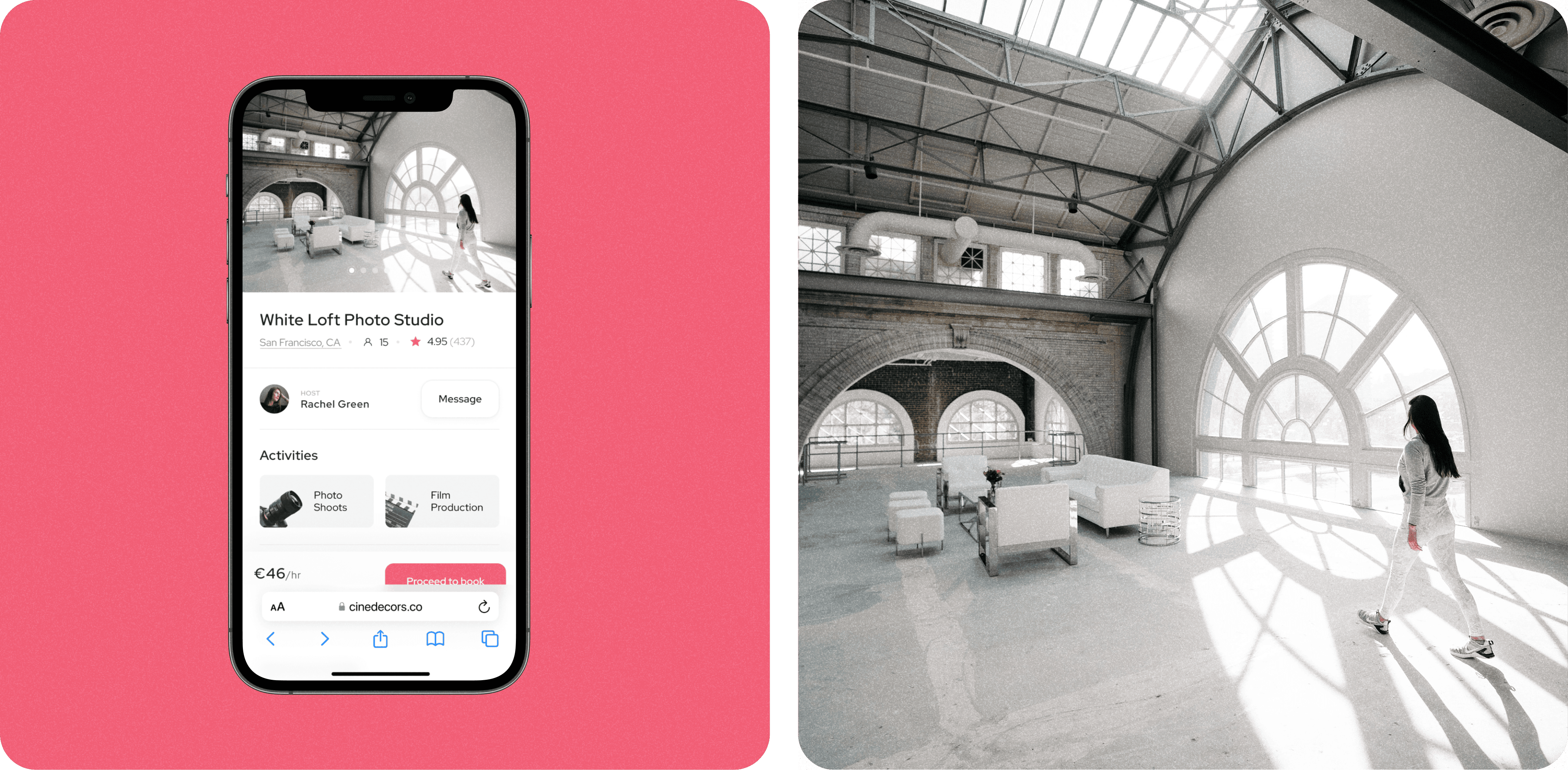 A smartphone screen displaying a booking interface for 'White Loft Photo Studio' in San Francisco, CA. The interface includes a large image of a spacious, bright studio with large arched windows. Details shown are the host's name, Rachel Green, a rating of 4.95 based on 437 reviews, and activities available, such as Photo Shoots and Film Production. The price listed is €46 per hour. The background of the image is a solid pink color.