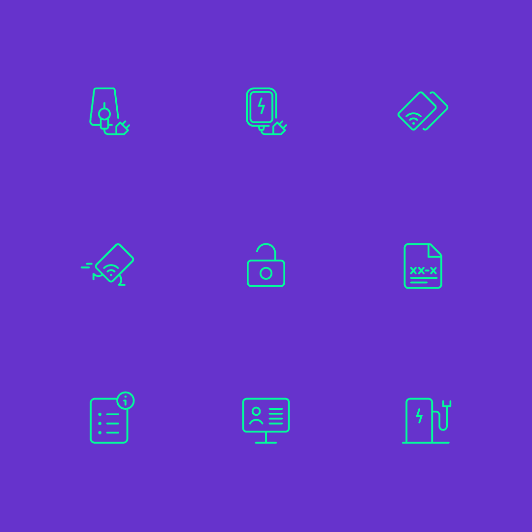 Nine cyan icons on purple background representing Elli app features like charging, payments, and connectivity