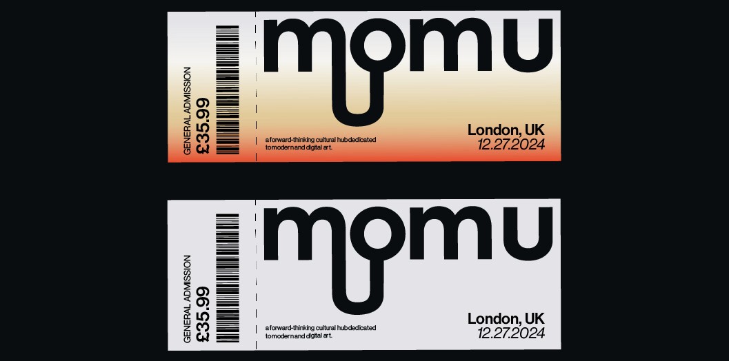 Displaying text related to an event titled "momu" in London, UK, scheduled for December 27, 2024. The ticket is labeled as "GENERAL ADMISSION" with a price of £35.99. The design features a clean layout with typography highlighting the event details and pricing.