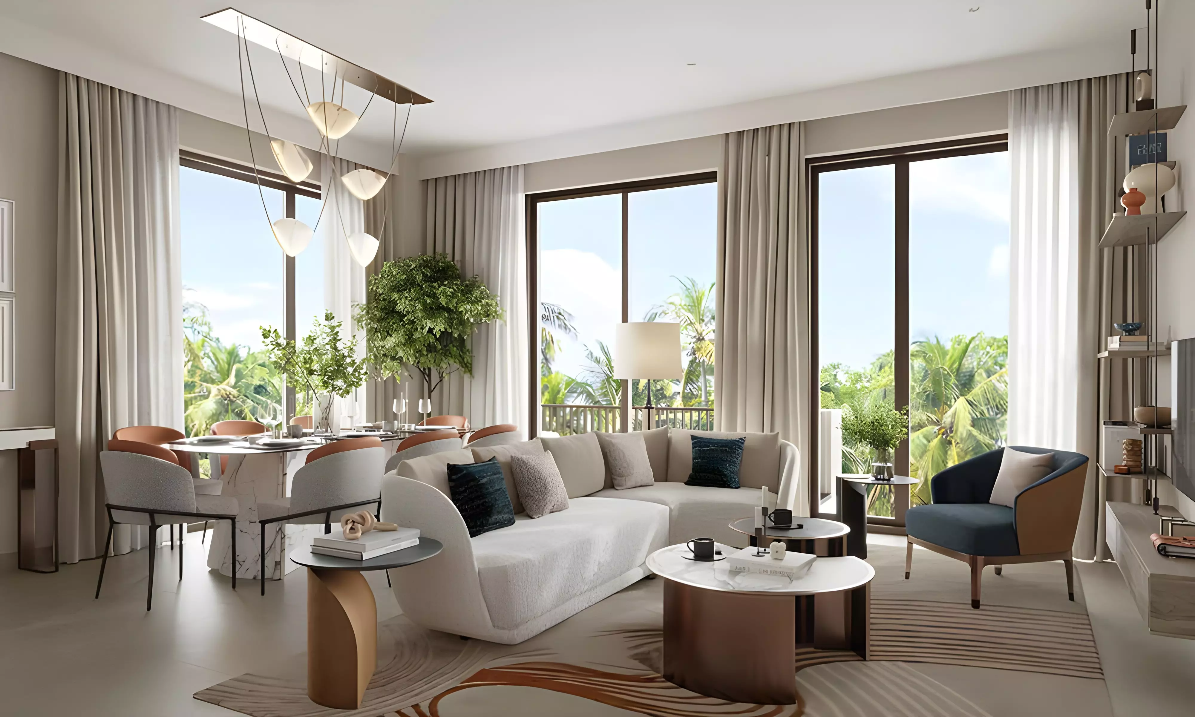 A spacious living room at Moor at Creek Beach featuring a large window and a comfortable couch.
