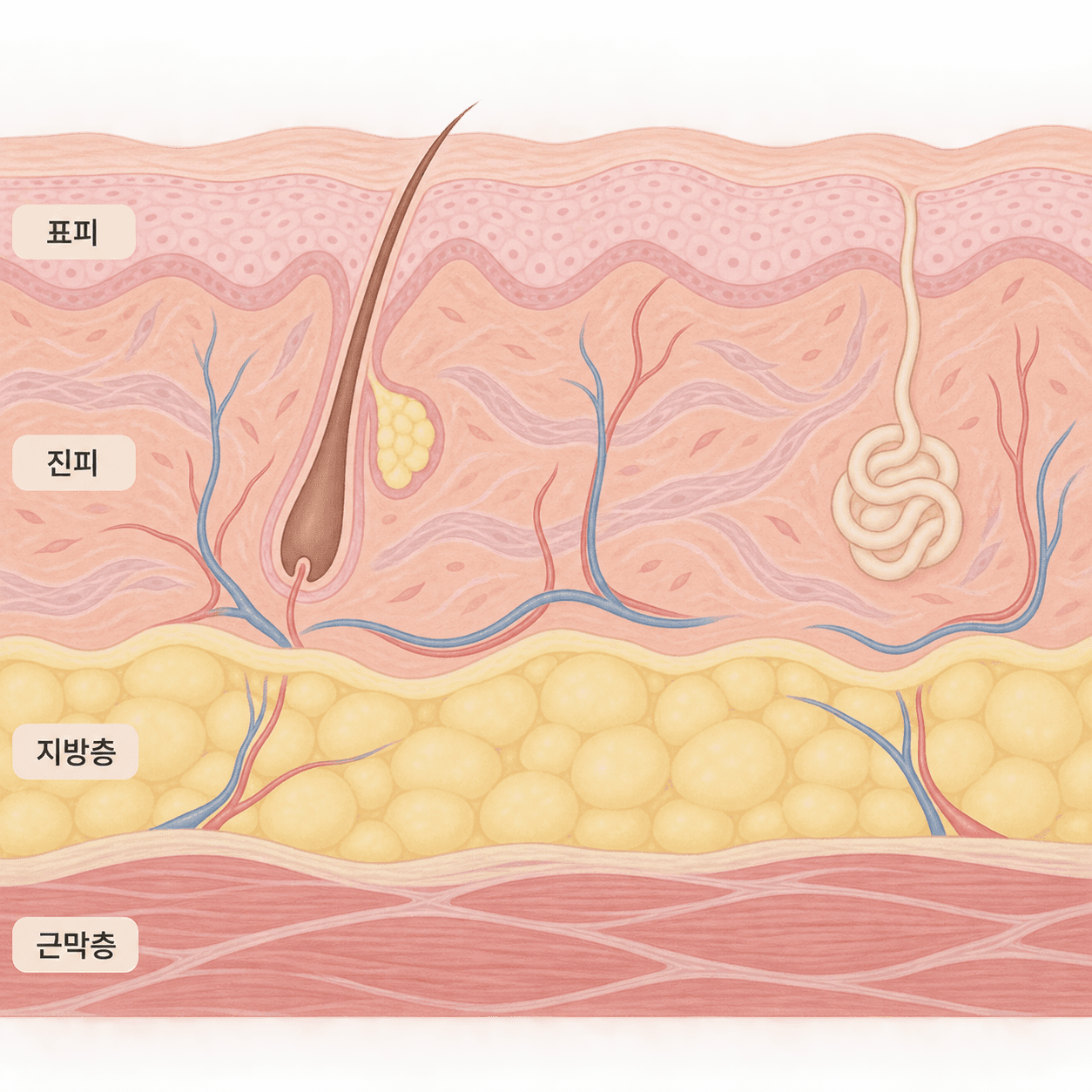 표피 아래 진피, 지방층, 근막층으로 이어지는 얼굴 피부의 층 구조예요