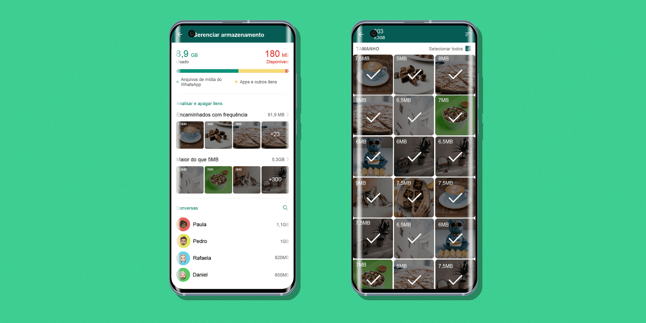Imagem com o fundo verde, com dois celulares mostrando como é a interface do gerenciamento de espaço do WhatsApp.