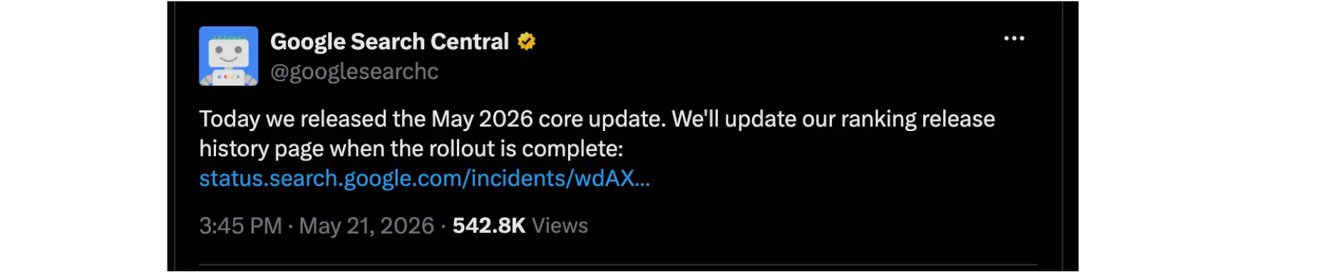 Google Search Central announcing May 2026 core update rollout on X