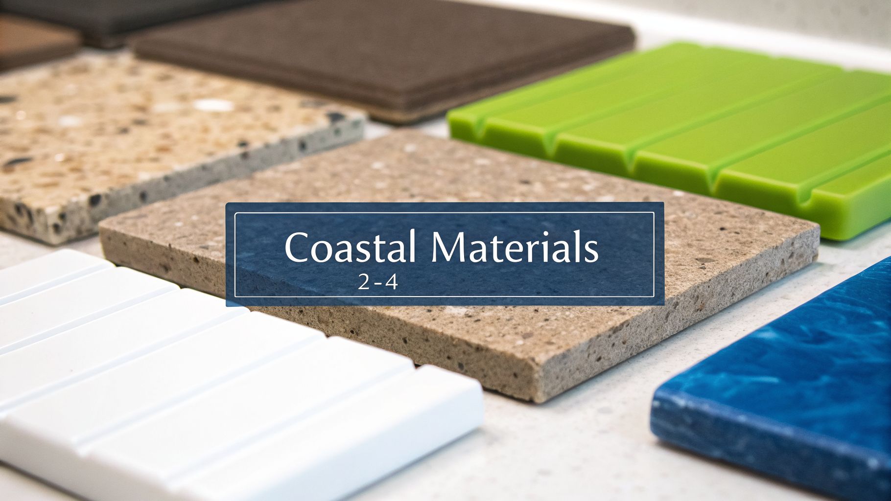 Assortment of various material samples in speckled beige, solid brown, ridged green, white, and marbled blue.