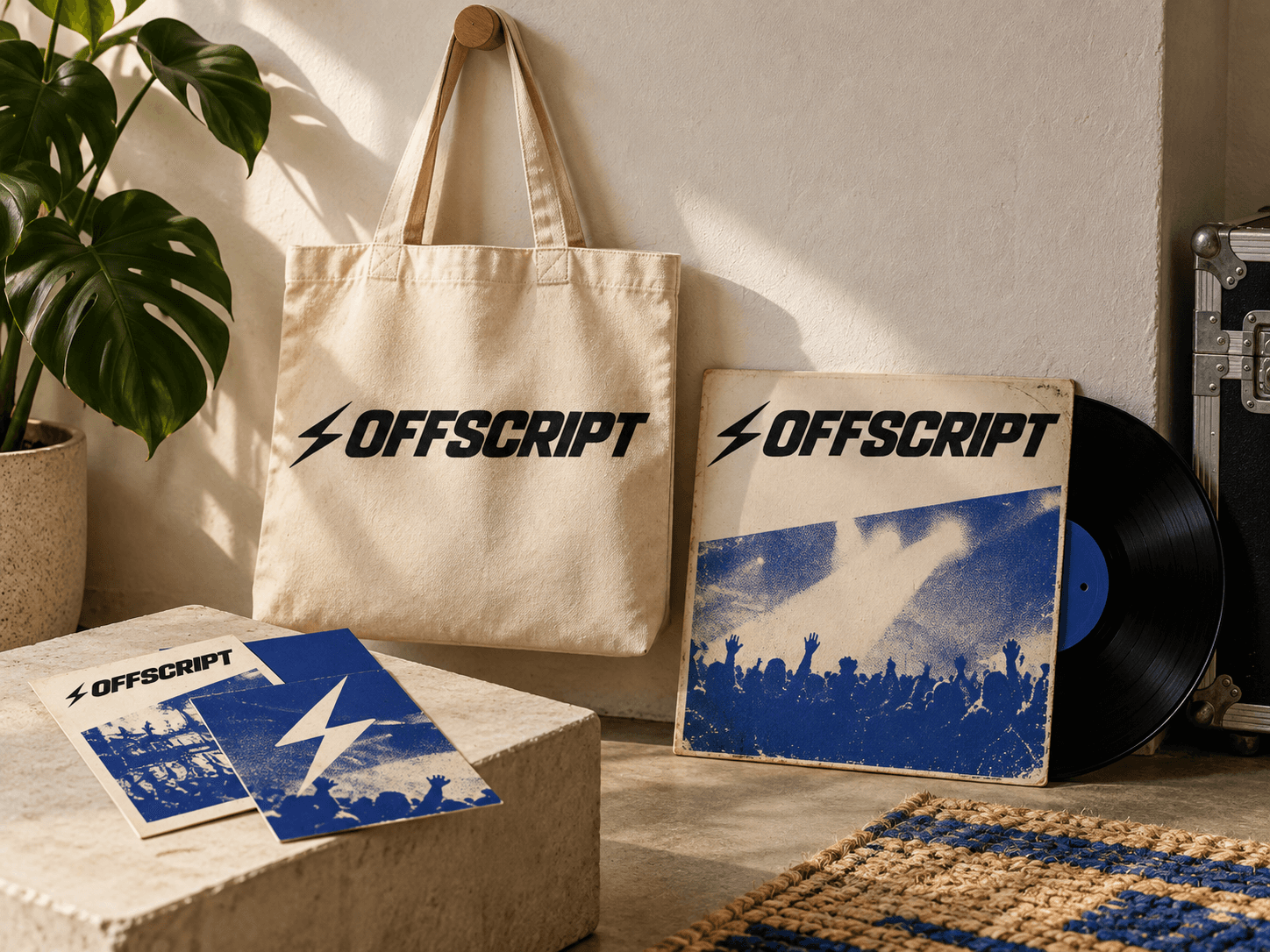 Offscript Records identity on a canvas tote, record sleeve, and printed postcards