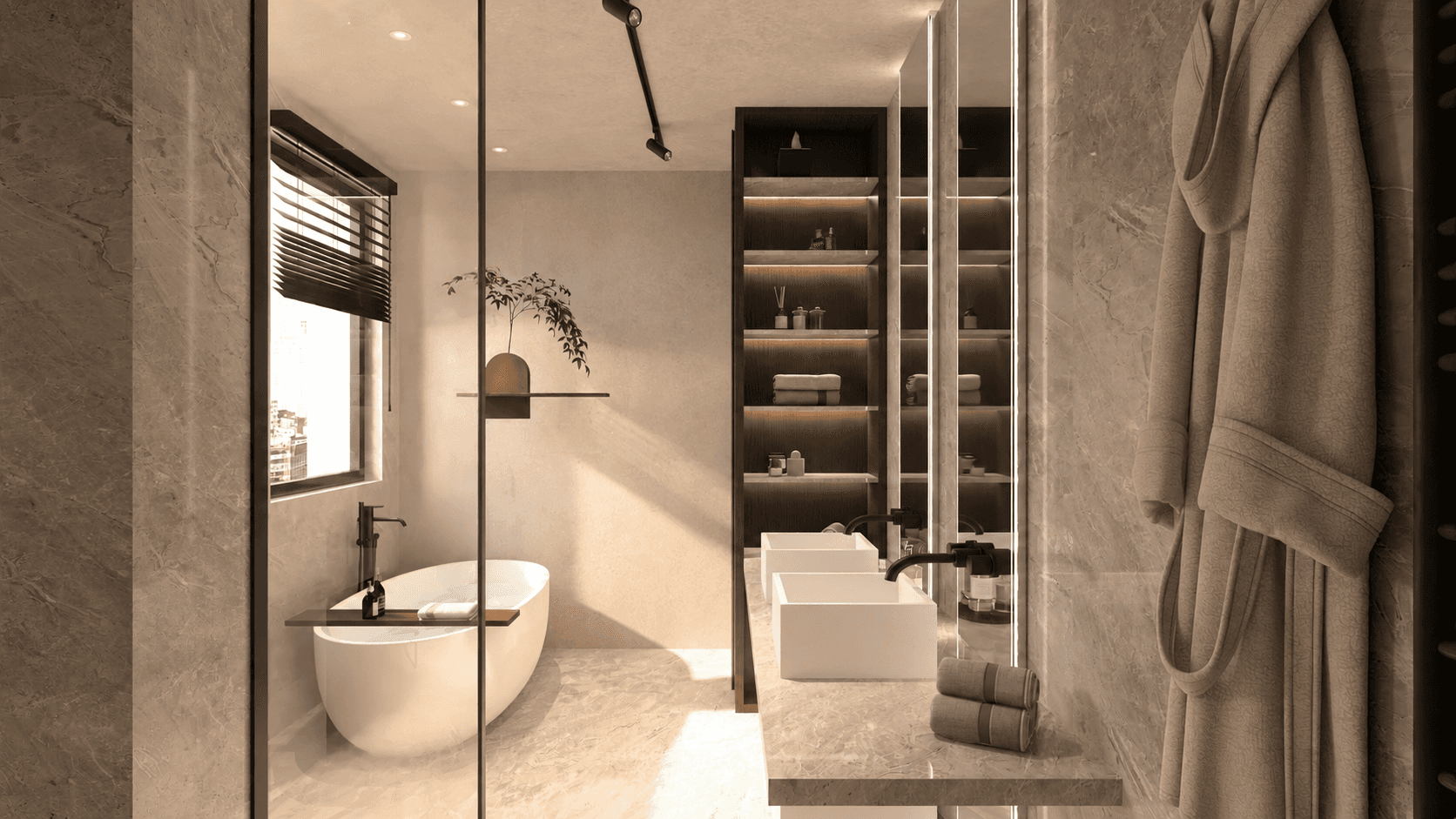 Minimalistisches Badezimmer im zeitlosen Interior Design mit einer warmen und klaren Linienführung von Rosewood Interiors