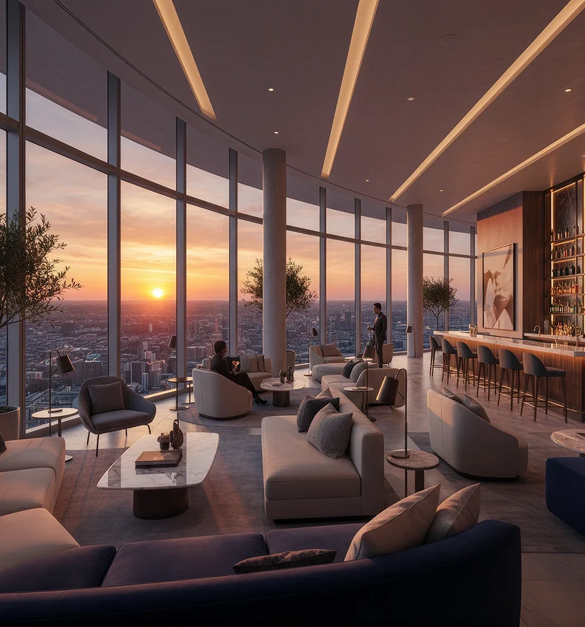 Elevated sky lounge overlooking the city skyline.