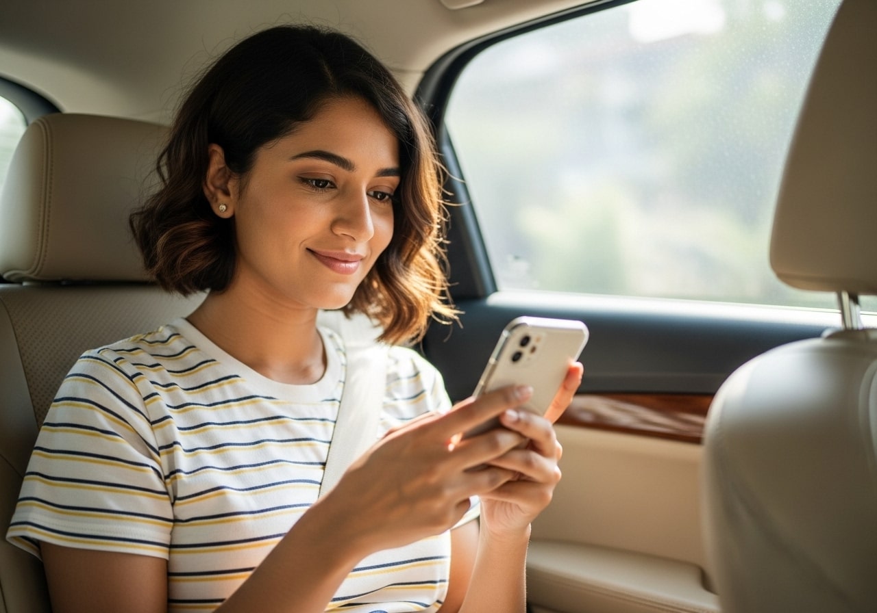 A woman securely paying for advisory services from her phone in a car