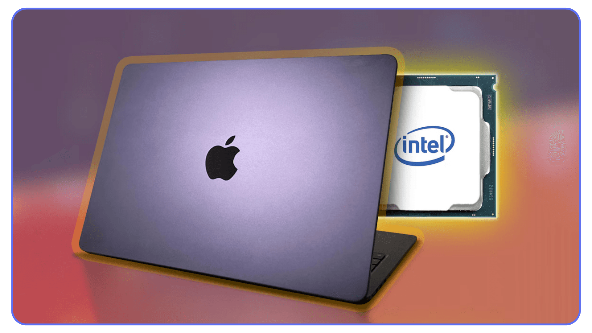 MacBook laptop with the Apple logo open on a desk, shown alongside an Intel processor graphic highlighting Intel-based Mac performance.
