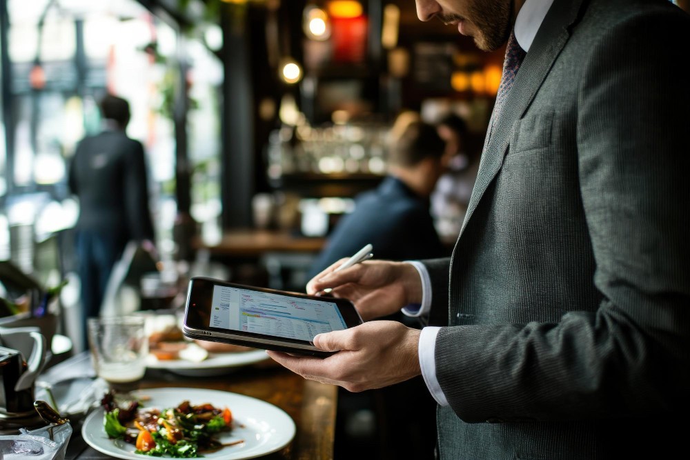 Restaurant manager using a tablet to review maintenance tasks, representing operations management for hospitality venues.