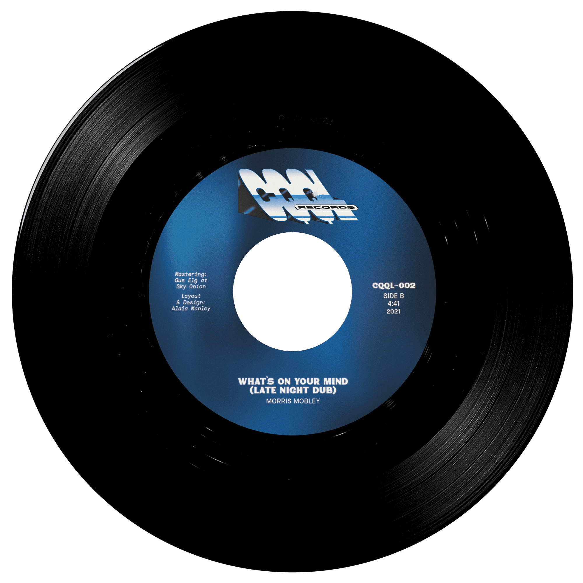 Vinyl record with blue label on a white background