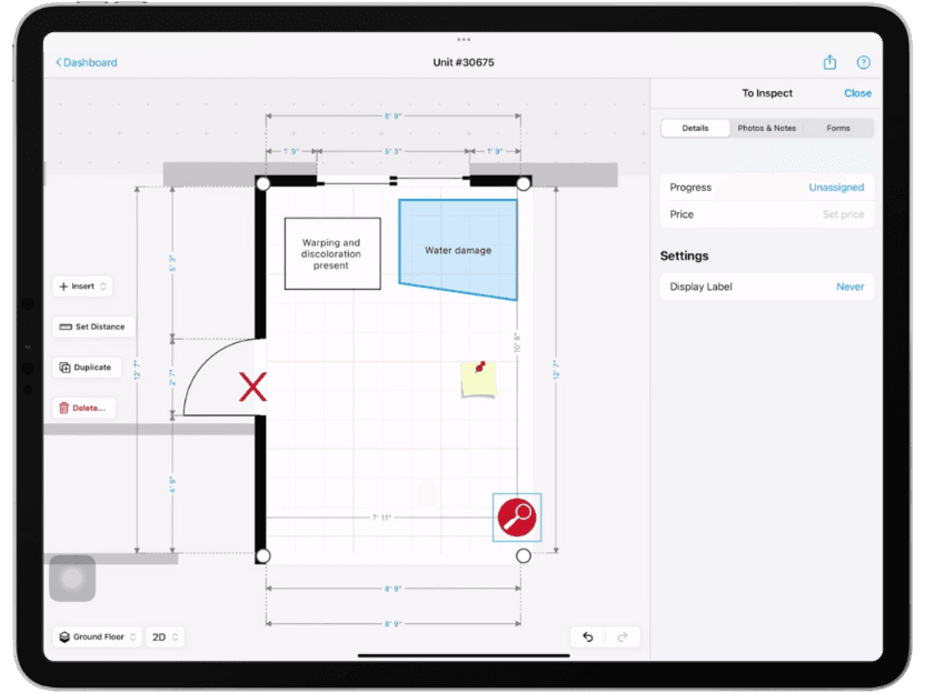 magic plan inspection floor plan highlighting water damage and warping with measurement tools