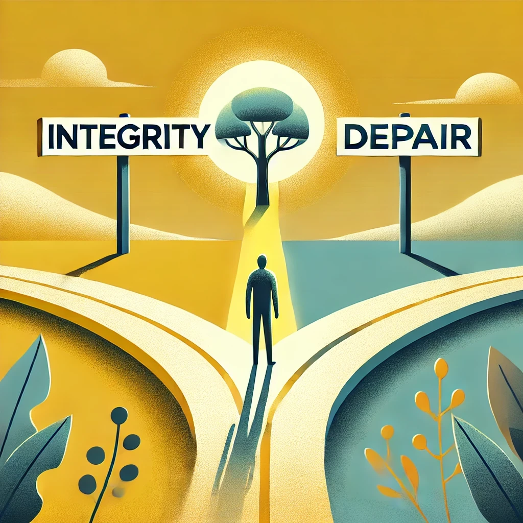 Minimalist illustration of a human figure standing at a fork in the road, with one glowing path labeled 'Integrity' symbolizing growth and fulfillment, and a shadowy path labeled 'Despair.' Set against a calming yellow background aligned with Confinity's branding, representing hope and transformation in digital well-being.