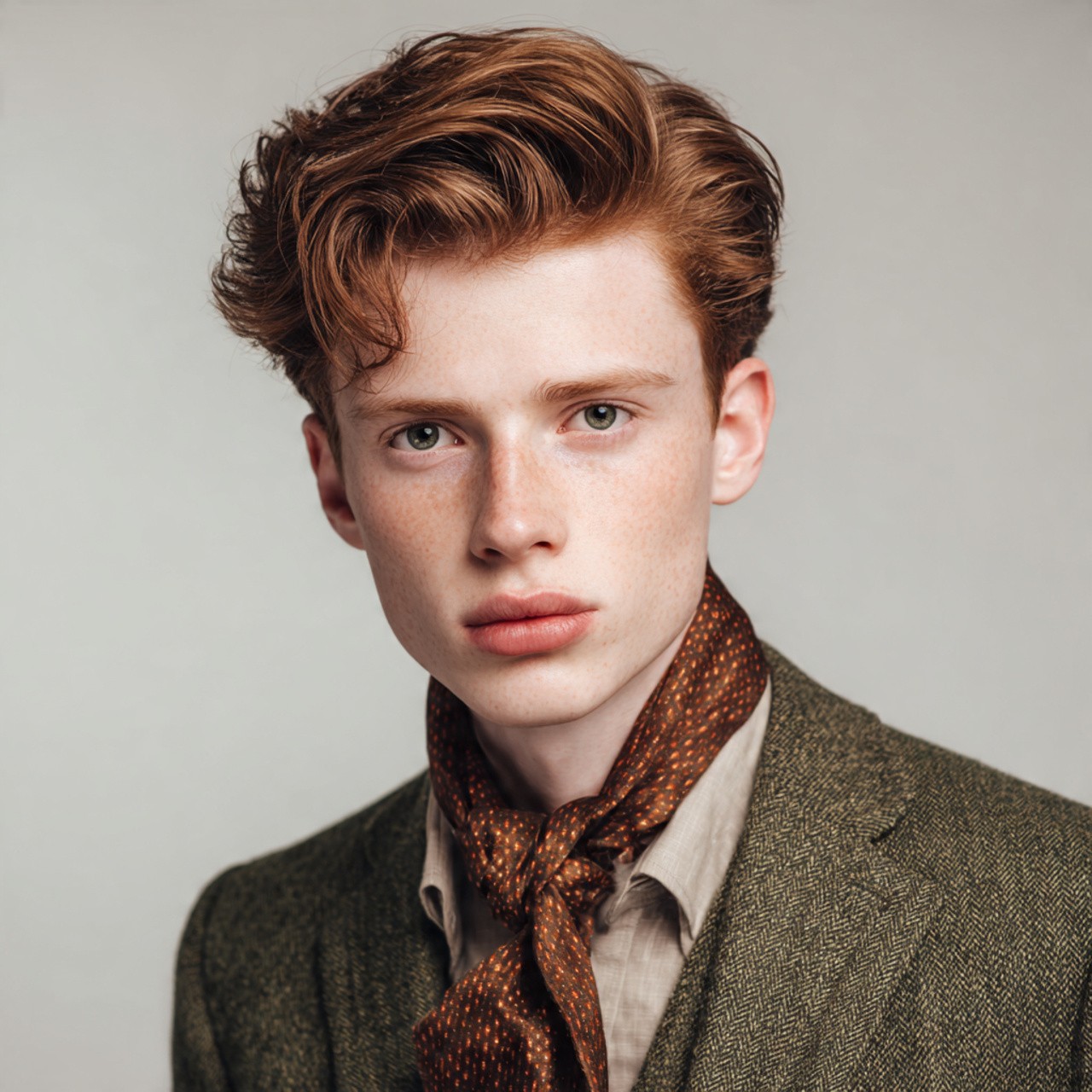 Young man in a tweed jacket and patterned silk scarf.