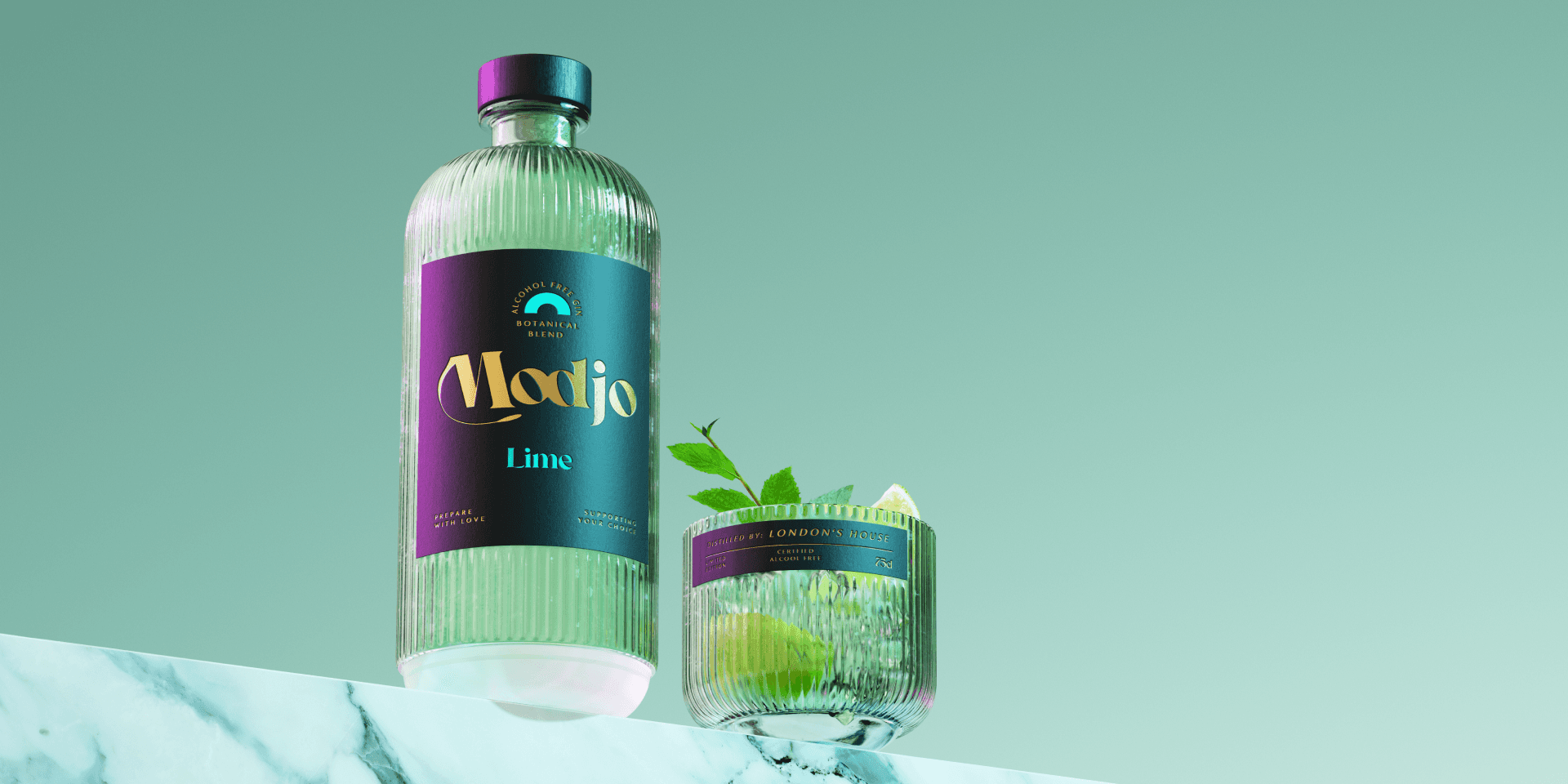 Modjio Gin Packaging Design – Boxen-Sortiment mit Farbverlauf
