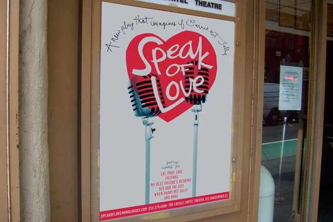 A poster for the musical "Peak of Love" is displayed in a theater window. The poster features a red heart shape with the title "Peak of Love" in white script. Two microphones are positioned on either side of the heart. Below the title, smaller text reads: "Eat, pray, love friends," "My best friend's wedding," "Sex and the city," "When Harry met Sally," and "And more." The theater's address and phone number are printed at the bottom. The poster is framed in a light brown wooden frame.