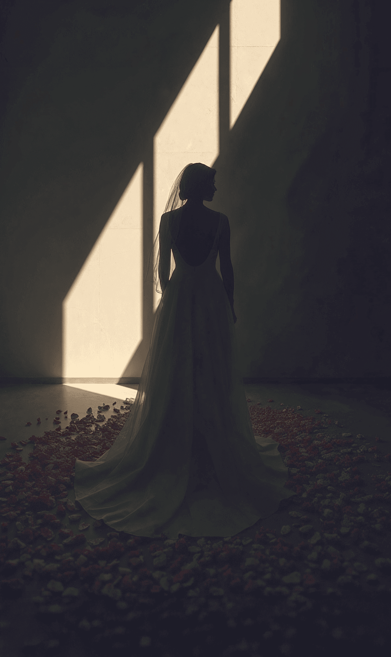 A bride standing in the dark, with a single sliver of light hitting the background. She stands with a turned back, surrounded by flower petals.