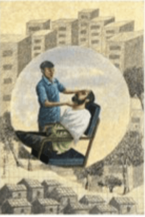 herd of sheep on road painting