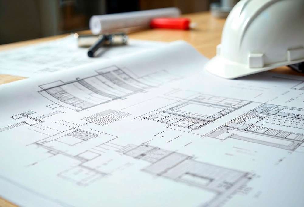 Plan de chantier avec casque de sécurité