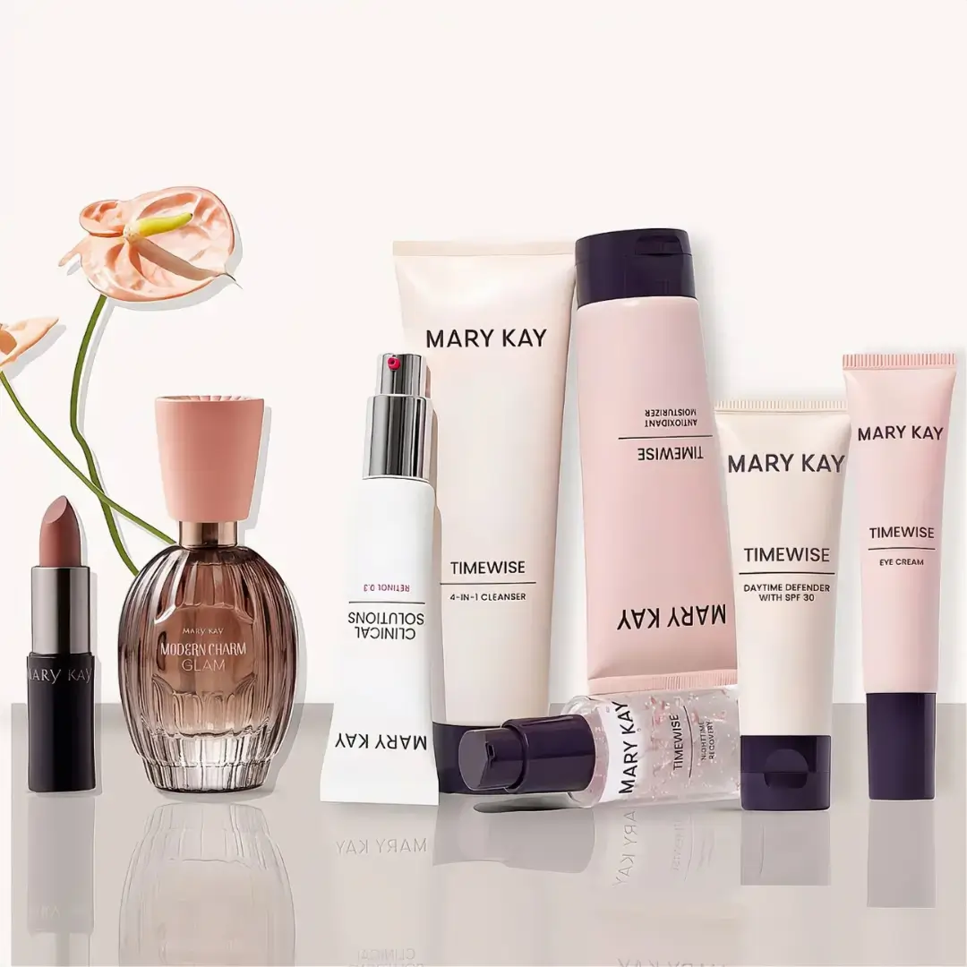 Seleção de produtos Mary Kay de beleza, autocuidado e fragrância