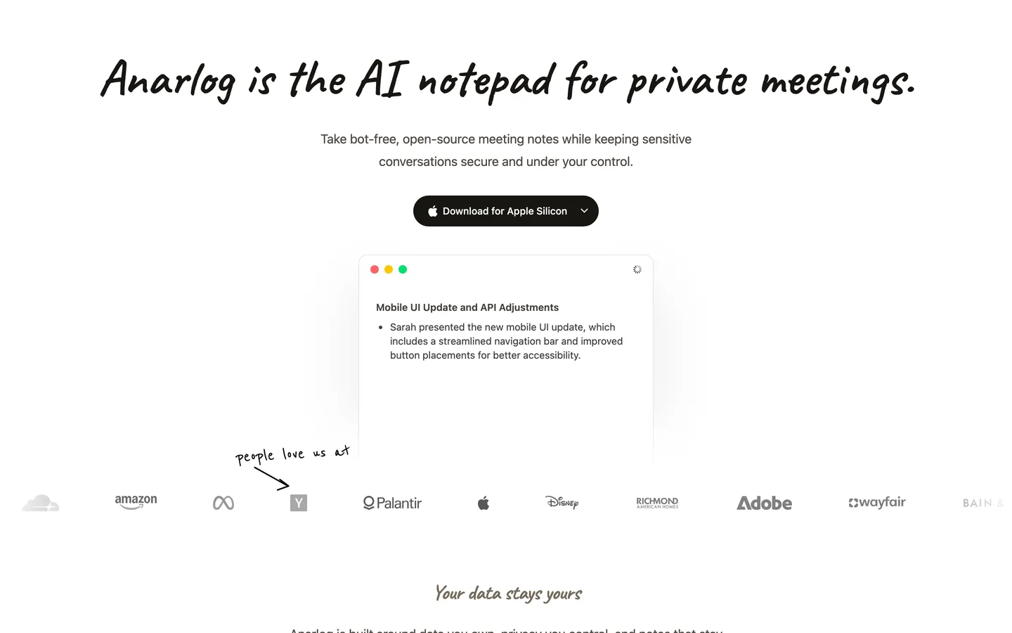 The Anarlog website, an open-source AI notepad for private meetings