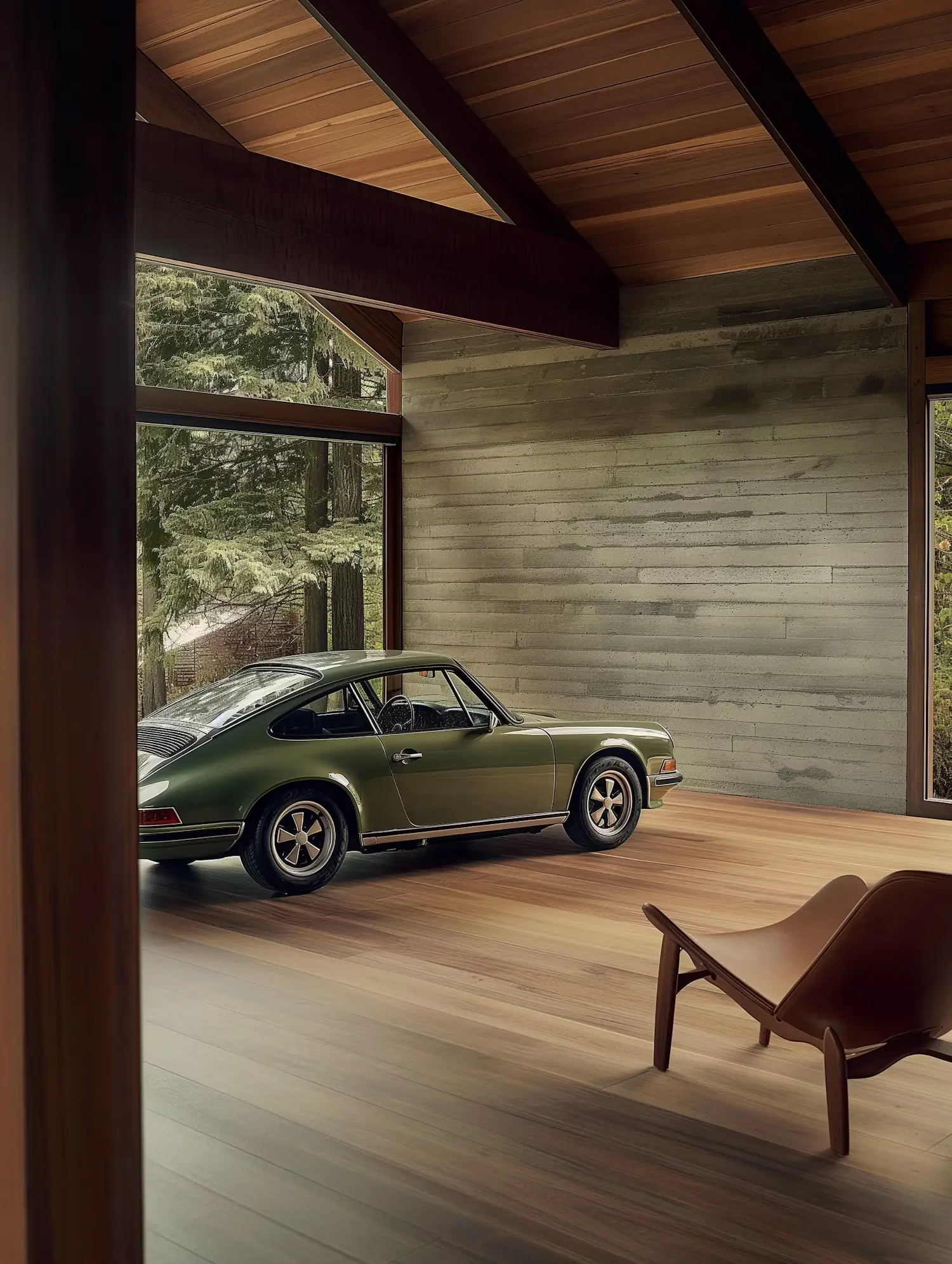 Olive green classic sports car parked in a modern garage.