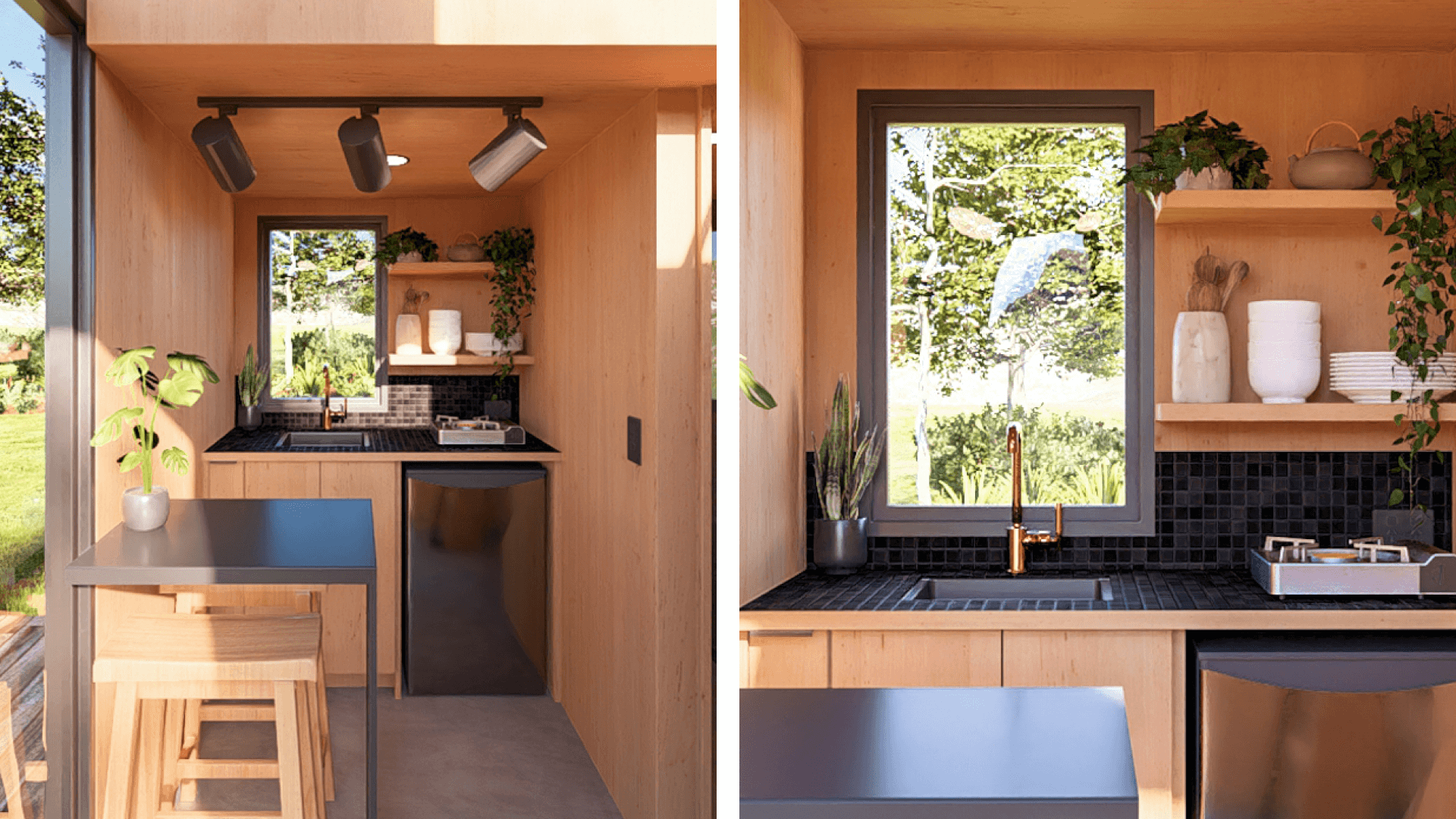 10x10 tiny house interior with a compact kitchenette for the ultimate tiny living lifestyle