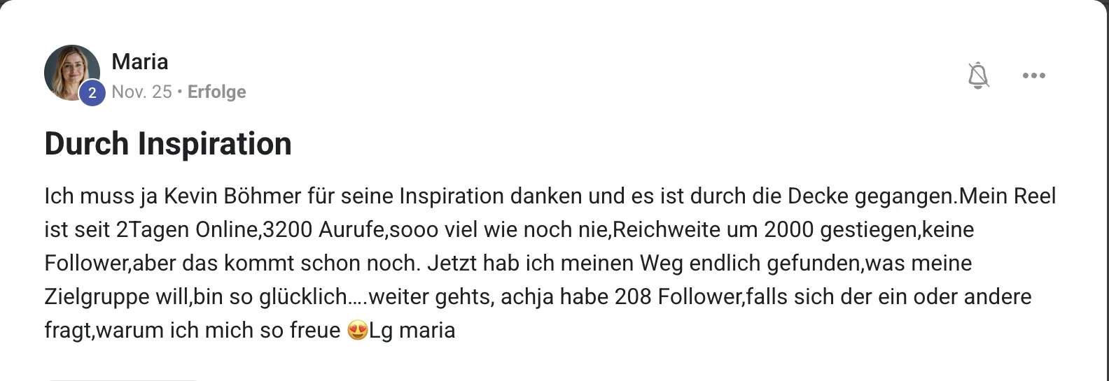 Kundenstimme KI Creator Akademie: Marias Reel geht dank Kevin Böhmers Tipp durch die Decke