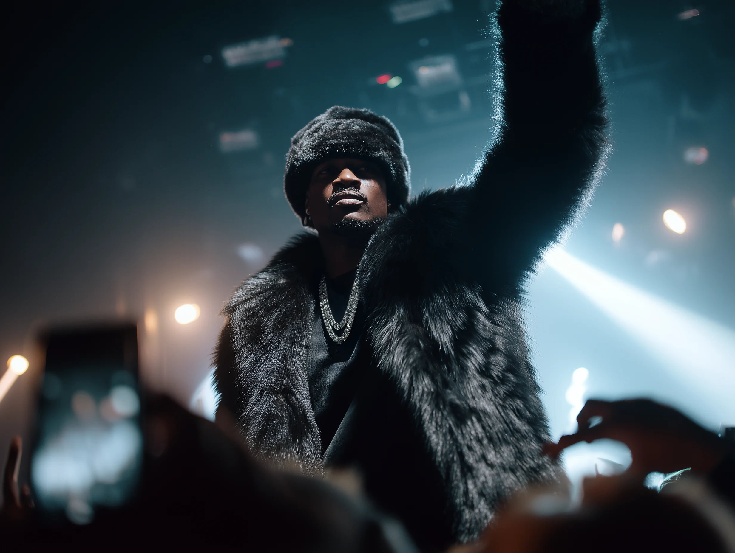 Hip hop artist raising his arm on stage with audience phones visible in the foreground