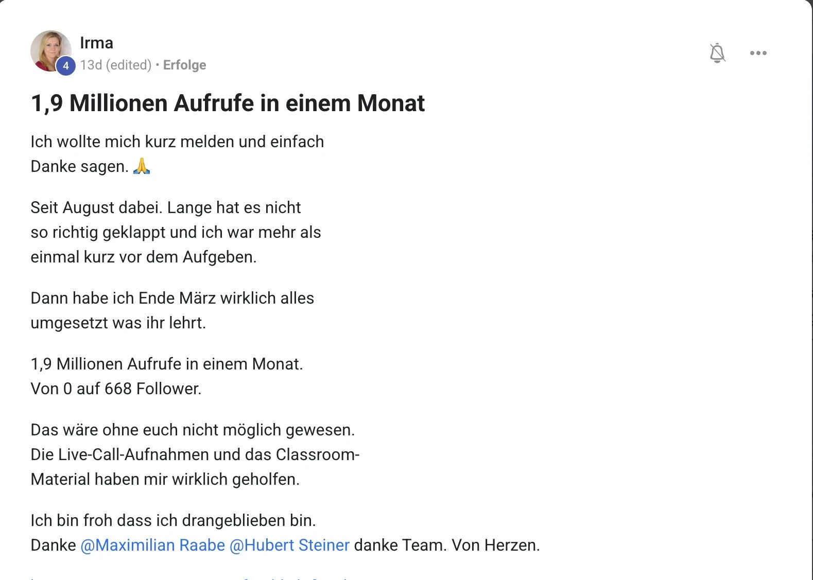 Erfahrungsbericht KI Creator Akademie: Irma erzielt 1,9 Mio. Aufrufe und 668 Follower in einem Monat